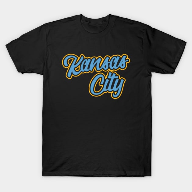 Vintage Kansas City Baby Blue And Yellow Script For KCMO Locals T-Shirt by eighttwentythreetees